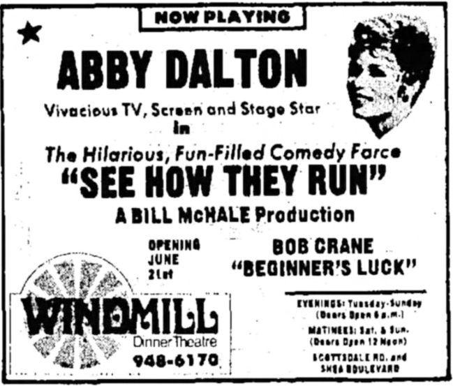 Newspaper advertisement announcing Abby Dalton and Bob Crane.
