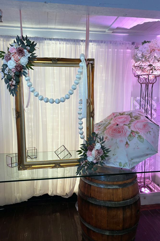 Styled entryway with illuminated background and curtain sheets