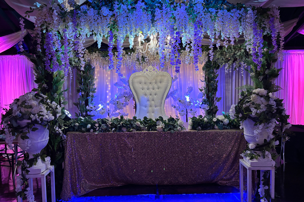 Decorated head table with coordinated styling and backdrop