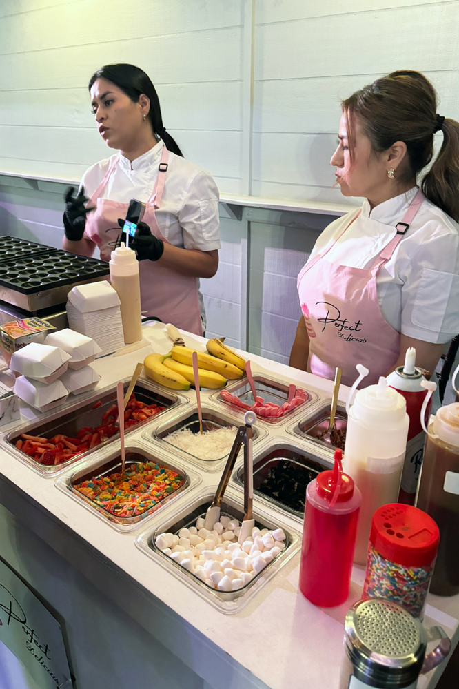 Vendor service cart used for freshly made pancakes and beverage service at a quinceanera reception