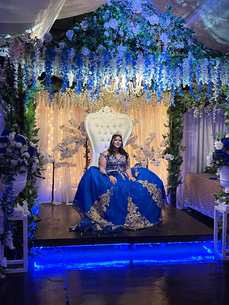 Special head table moment captured in the ballroom with blue lighting and romantic ambiance